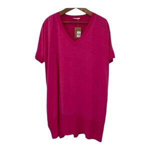Jodifl Large V-Neck Fuchsia Tunic T-Shirt Dress Short Sleeve Knit Mini Casual